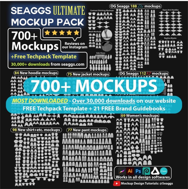 700+ Streetwear Clothing Vector Mockup Pack Techpack Mockups Clothing Brand Fashion Design Flat Adobe Illustrator Adobe Photoshop Procreate