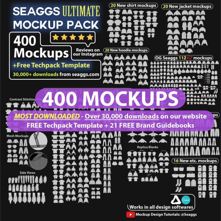 Streetwear Clothing Vector Mockup Pack Techpack 400 Mockups Clothing Brand Fashion Design Flat Adobe Illustrator Adobe Photoshop Procreate