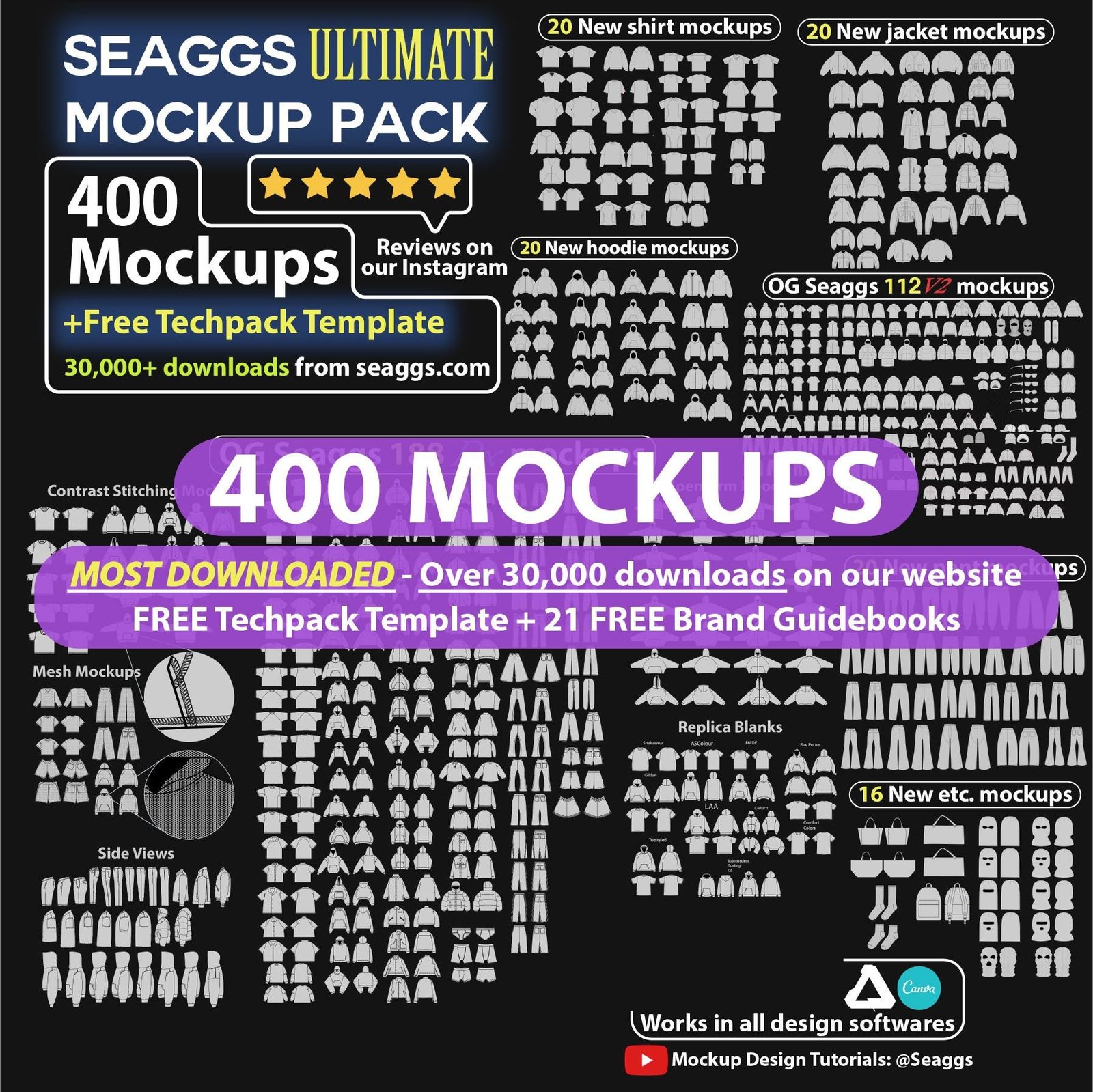 Streetwear Clothing Vector Mockup Pack Techpack 400 Mockups Clothing Brand Fashion Design Flat Adobe Illustrator Adobe Photoshop Procreate